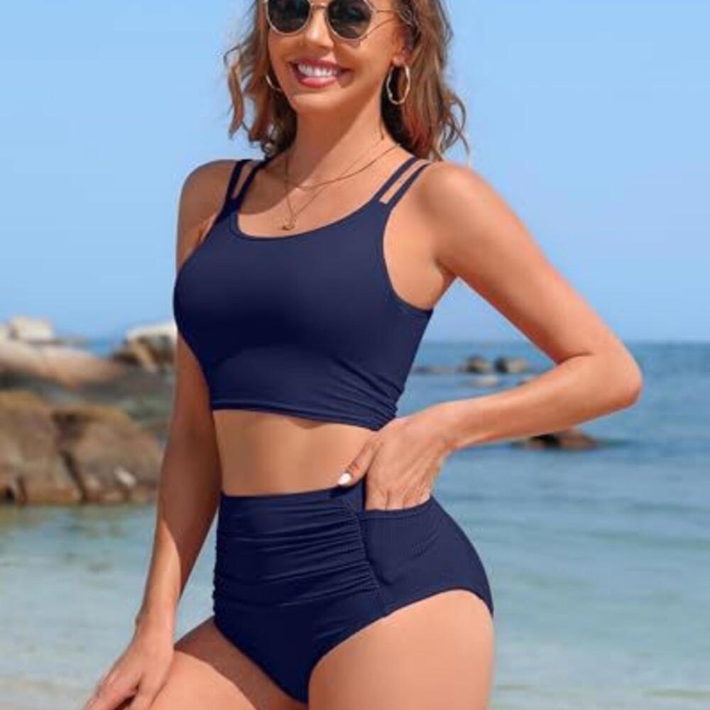 Stylish High-Waisted Bikini Set - Navy Blue